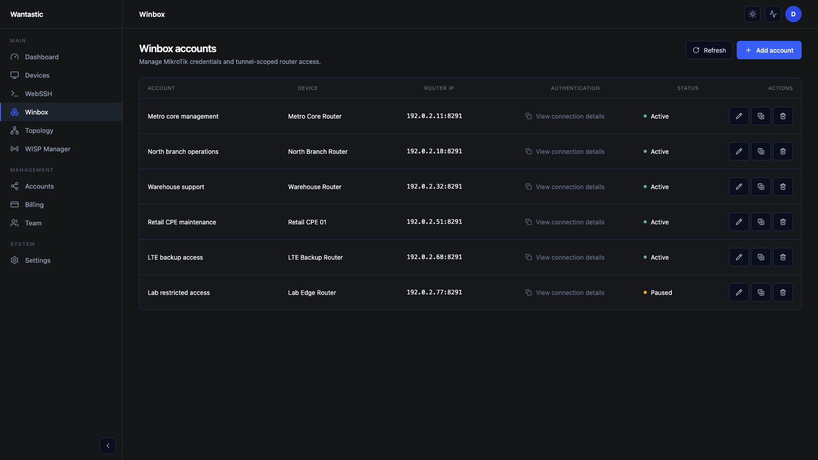 Winbox access without opening port 8291 in the sanitized Wantastic beta interface in dark mode